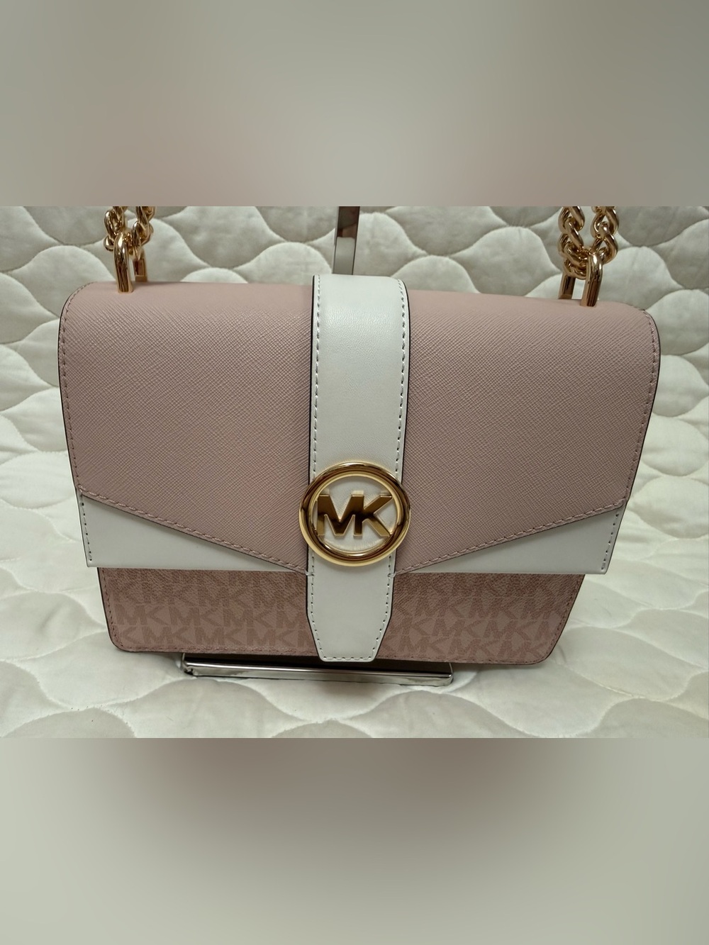 Michael Kors Blush Pink & White Leather Shoulder Bag with Gold MK Accent
